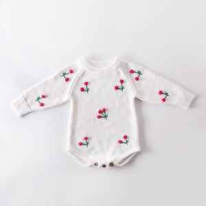 2019 New Winter Baby Clothes Autumn Cherry Long-sleeved Knit Wool Jumpsuit Romper Polka Dot Covered Button Roupa Infantil Outfit
