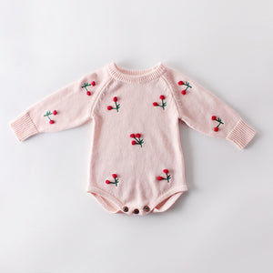 2019 New Winter Baby Clothes Autumn Cherry Long-sleeved Knit Wool Jumpsuit Romper Polka Dot Covered Button Roupa Infantil Outfit
