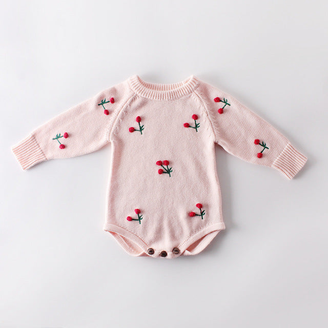 2019 New Winter Baby Clothes Autumn Cherry Long-sleeved Knit Wool Jumpsuit Romper Polka Dot Covered Button Roupa Infantil Outfit