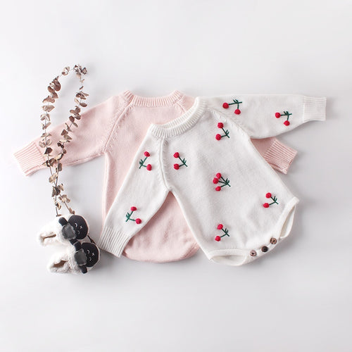 2019 New Winter Baby Clothes Autumn Cherry Long-sleeved Knit Wool Jumpsuit Romper Polka Dot Covered Button Roupa Infantil Outfit