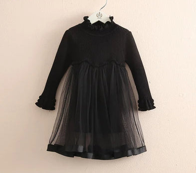 2019 Spring Autumn 2-6 8 10 Years Crew Neck Long Sleeve Solid Color Kids Baby Girls Mini Above Knee Sweater Lace Patchwork Dress