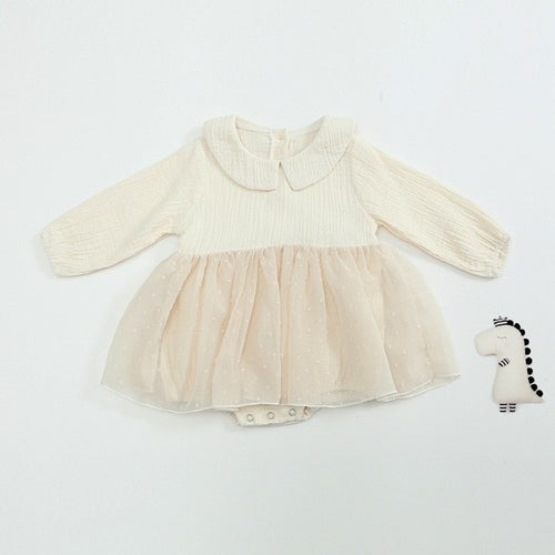 Autumn Baby Girls Clothes Long Sleeved Cotton Covered Button Princess Romper Dress Ivory Baptism Baby Toddler Clothing Hat Set