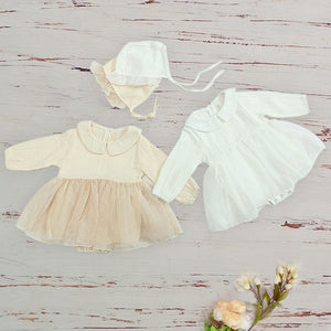 Autumn Baby Girls Clothes Long Sleeved Cotton Covered Button Princess Romper Dress Ivory Baptism Baby Toddler Clothing Hat Set