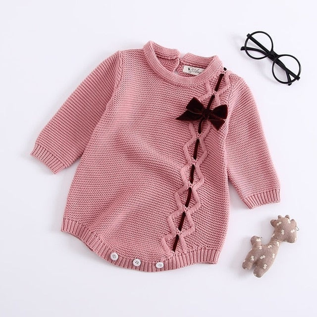 Autumn Winter Children Clothes Autumn Winter New Born Baby Girls O Neck Knit Clothing Long Sleeve Bow Jumpsuit Romper Pink White