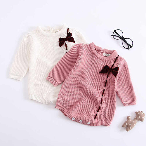 Autumn Winter Children Clothes Autumn Winter New Born Baby Girls O Neck Knit Clothing Long Sleeve Bow Jumpsuit Romper Pink White