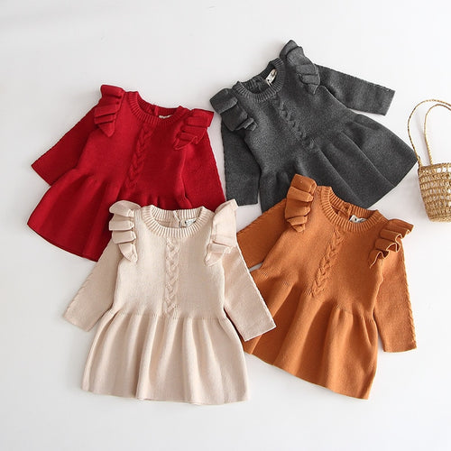 Baby Girl Autumn Winter Knit Dress New Fashion Baby Toddlers Children Kids Ruffled Long Sleeve Warm Sweater Dress Roupa Infant