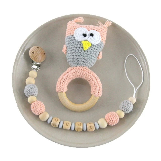 Baby Toys 1set Crochet Amigurumi Elephant Owl Rattle Bell Custom Newborn Pacifier Clip Montessori Toy Educational Baby Rattle