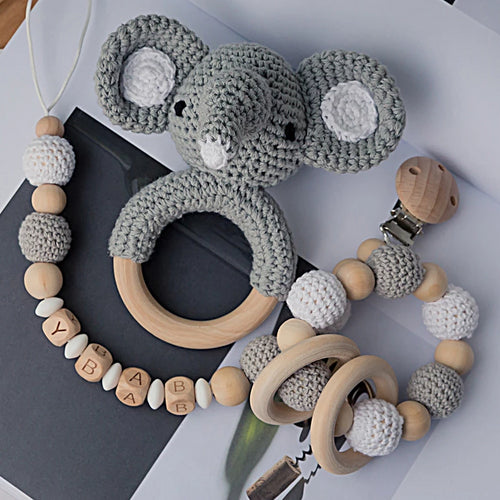 Baby Toys 1set Crochet Amigurumi Elephant Owl Rattle Bell Custom Newborn Pacifier Clip Montessori Toy Educational Baby Rattle
