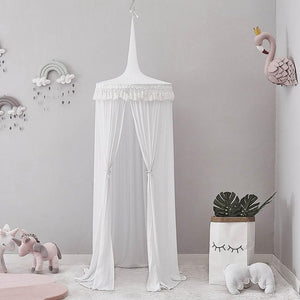 Children Crib Baby Bed Tassels Canopy, Round Dome Hanging Valance Kids Play Tent Mosquito Net Curtain Room Decor White Grey Pink