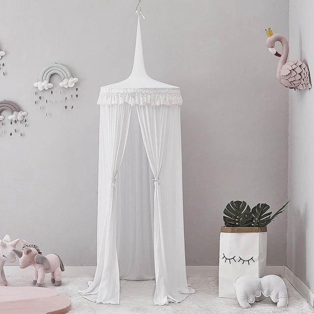 Children Crib Baby Bed Tassels Canopy, Round Dome Hanging Valance Kids Play Tent Mosquito Net Curtain Room Decor White Grey Pink