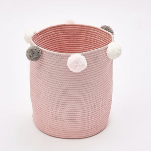 Cute Poms Storage Bucket - Premium Cylindric Burlap Canvas Round Laundry Toy Storage Bin, Best Room Decor & Hamper Organizer
