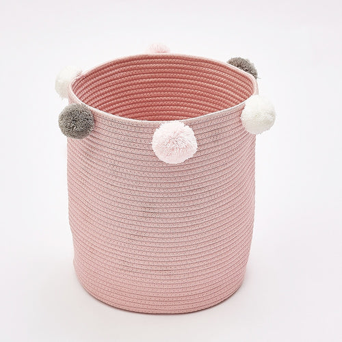 Cute Poms Storage Bucket - Premium Cylindric Burlap Canvas Round Laundry Toy Storage Bin, Best Room Decor & Hamper Organizer