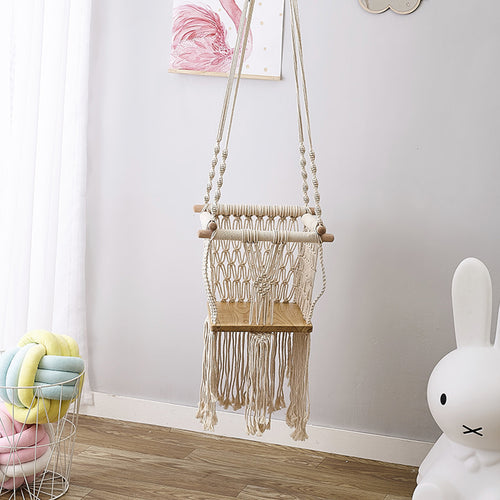 Elegance Tassels Kids Swing Solid Wood Woven Rope Children Indoor Toy Room Decor Best Gift For Princess Girls Boys Toddlers Baby