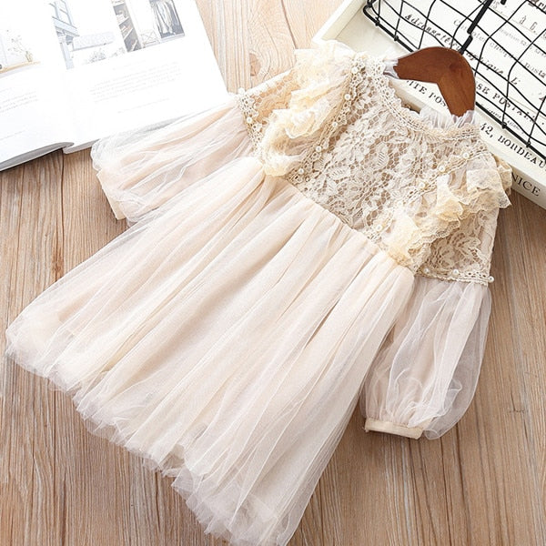 Girl Dresses Lantern Sleeve Princess Party Princess 2019 Spring Kids Lace Children Dress with Pearls Purple and White 3-7T
