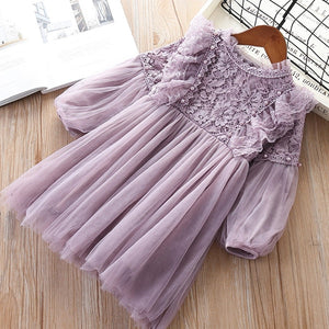Girl Dresses Lantern Sleeve Princess Party Princess 2019 Spring Kids Lace Children Dress with Pearls Purple and White 3-7T
