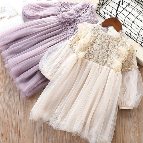 Girl Dresses Lantern Sleeve Princess Party Princess 2019 Spring Kids Lace Children Dress with Pearls Purple and White 3-7T