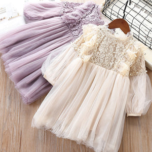 Girl Dresses Lantern Sleeve Princess Party Princess 2019 Spring Kids Lace Children Dress with Pearls Purple and White 3-7T
