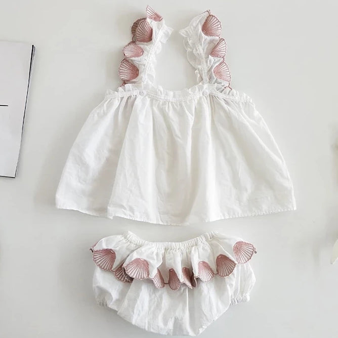 Girls Summer 2pcs Set Toddler girls summer clothing Set Embroidery Shell Pattern Cotton Summer Girls Set