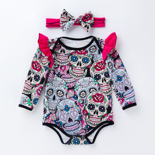 Halloween Knitted Baby Romper Newborn Infant Long Sleeve Ghost Printed Ruffle Raglan Jumpsuit Baby Girls Clothes D1034