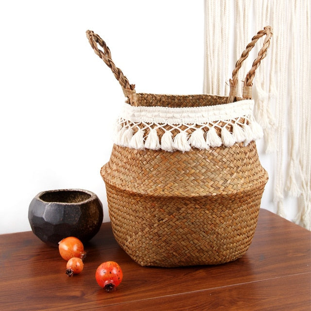 Handmade Bohemian Tassel Decoration Wicker Basket Garden Flower Pot Study Room Storage Rattan Basket Home Organizer Basket