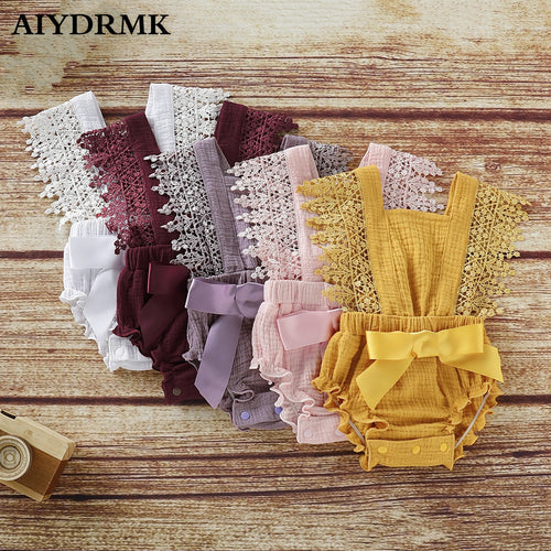 Infant Ruffle Romper Baby Girl Lace Rompers Cotton Bows Baby Girl Clothes Sleeveless Onesies Baby Clothes Toddler Romper Newborn