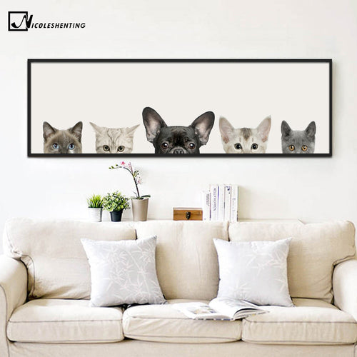 Kawaii Animals Cat Dog Poster Minimalist Art Canvas Painting Wall Picture Long Banner Print Modern Home Room Decoration 391