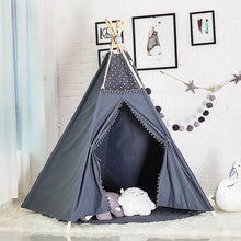 Load image into Gallery viewer, Kids Teepee Indian Wooden Tent Large Handmade Cotton Canvas Pom Poms Lace Children Play Tent Grey Playhouse Toy for Boys Girls