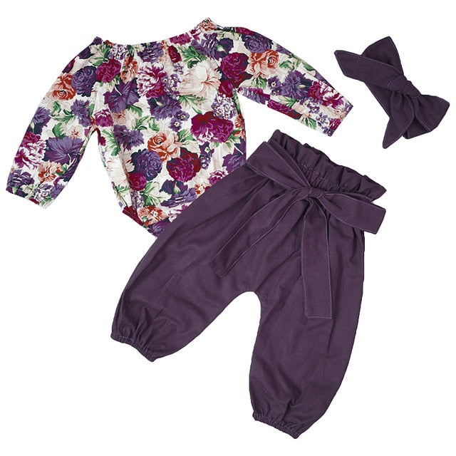 Long Sleeve Baby Clothes Autumn Clothing For Baby Toddler Girls Purple Floral Romper Pants Headband Clothes Set Roupa Infantil
