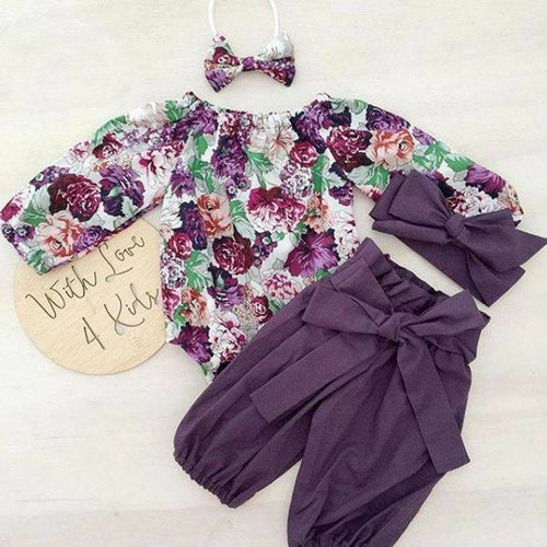 Long Sleeve Baby Clothes Autumn Clothing For Baby Toddler Girls Purple Floral Romper Pants Headband Clothes Set Roupa Infantil