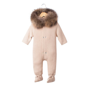 Luxury Baby Knitted Racoon Fur Collar Jumpsuits Hooded Baby Girl Clothes Winter Bebe Rompers Boys Girls Infant Onesie Vintage