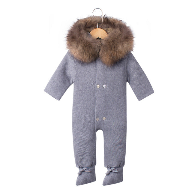 Luxury Baby Knitted Racoon Fur Collar Jumpsuits Hooded Baby Girl Clothes Winter Bebe Rompers Boys Girls Infant Onesie Vintage