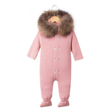 Load image into Gallery viewer, Luxury Baby Knitted Racoon Fur Collar Jumpsuits Hooded Baby Girl Clothes Winter Bebe Rompers Boys Girls Infant Onesie Vintage