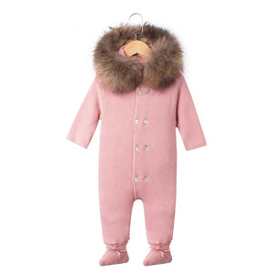 Luxury Baby Knitted Racoon Fur Collar Jumpsuits Hooded Baby Girl Clothes Winter Bebe Rompers Boys Girls Infant Onesie Vintage