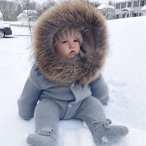 Luxury Baby Knitted Racoon Fur Collar Jumpsuits Hooded Baby Girl Clothes Winter Bebe Rompers Boys Girls Infant Onesie Vintage