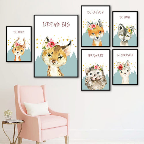Lynx Fox Hedgehog Wolf Llama Wall Art Print Canvas Painting Nordic Posters And Prints Watercolor Animals Wall Pictures Kids Room