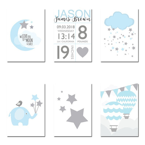 NICOLESHENTING Birth Stats Custom Posters Cartoon Nursery Canvas Art Prints Painting Wall Picture Nordic Kids Bedroom Decoration