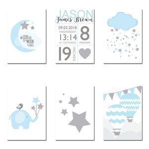 NICOLESHENTING Birth Stats Custom Posters Cartoon Nursery Canvas Art Prints Painting Wall Picture Nordic Kids Bedroom Decoration