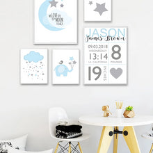 Load image into Gallery viewer, NICOLESHENTING Birth Stats Custom Posters Cartoon Nursery Canvas Art Prints Painting Wall Picture Nordic Kids Bedroom Decoration