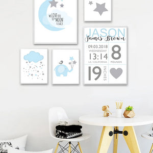 NICOLESHENTING Birth Stats Custom Posters Cartoon Nursery Canvas Art Prints Painting Wall Picture Nordic Kids Bedroom Decoration
