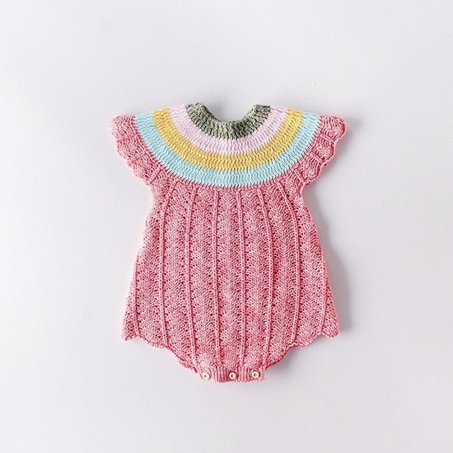 Newborn Knitting Wool Romper Jumpsuits Autumn Winter Baby Rainbow Collar Cute Shell Sleeve Knitted Wool One-piece Romper Clothes