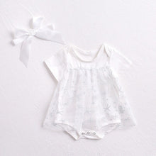 Load image into Gallery viewer, Summer Baby Girls Outfit Short-sleeved Starfish Mesh Cotton Romper Skirt Grey White O Neck Princess Birthday Outfit Headband Set