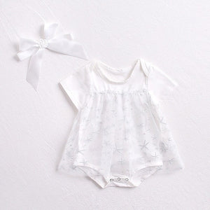 Summer Baby Girls Outfit Short-sleeved Starfish Mesh Cotton Romper Skirt Grey White O Neck Princess Birthday Outfit Headband Set