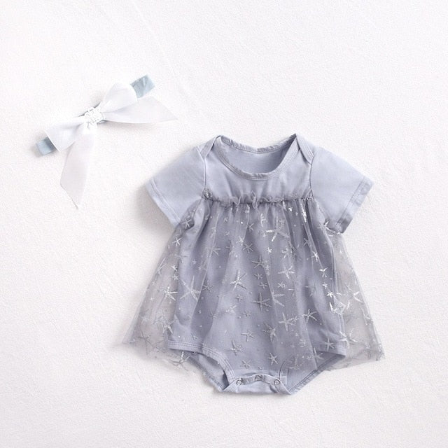 Summer Baby Girls Outfit Short-sleeved Starfish Mesh Cotton Romper Skirt Grey White O Neck Princess Birthday Outfit Headband Set