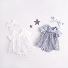 Load image into Gallery viewer, Summer Baby Girls Outfit Short-sleeved Starfish Mesh Cotton Romper Skirt Grey White O Neck Princess Birthday Outfit Headband Set