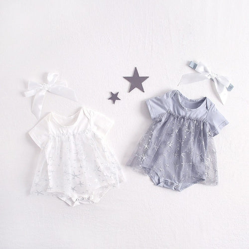 Summer Baby Girls Outfit Short-sleeved Starfish Mesh Cotton Romper Skirt Grey White O Neck Princess Birthday Outfit Headband Set