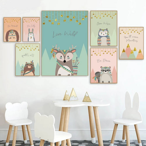 Tribal Woodland Animal Poster Nursery Canvas Wall Art Print Fox Owl Bear Painting Nordic Kids Decoration Picture Bedroom Decor