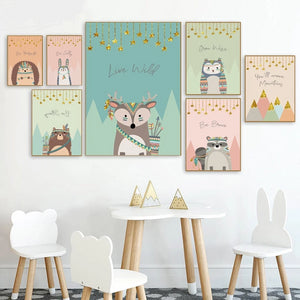 Tribal Woodland Animal Poster Nursery Canvas Wall Art Print Fox Owl Bear Painting Nordic Kids Decoration Picture Bedroom Decor
