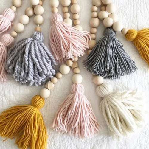 WHISM Nordic Style Wooden Beads Tassel Pendant Kids Room Wall Decoration Nursery Tent Hanging Ornament for Photography
