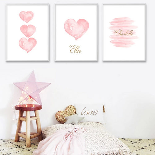 Watercolor Pink Heart Wall Art Canvas Print Personalized Name Custom Poster Nursery Painting Picture Kids Bedroom Decoration