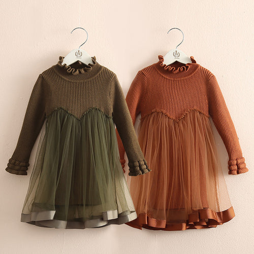 2019 Spring Autumn 2-6 8 10 Years Crew Neck Long Sleeve Solid Color Kids Baby Girls Mini Above Knee Sweater Lace Patchwork Dress